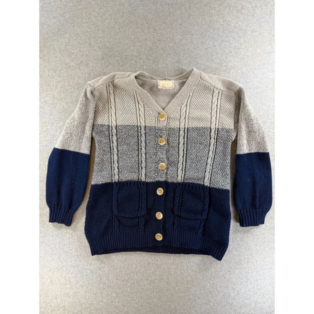 Btween Girls Colorblock Cable Knit Cardigan Sweater Size 14 Navy Gray 3273